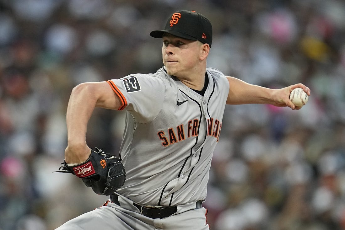 Mar 29, 2024; San Diego, California, USA; San Francisco Giants starting pitcher Kyle Harrison (45) throws a pitch against the San Diego Padres during the first inning at Petco Park. Mandatory Credit: Ray Acevedo-USA TODAY Sports