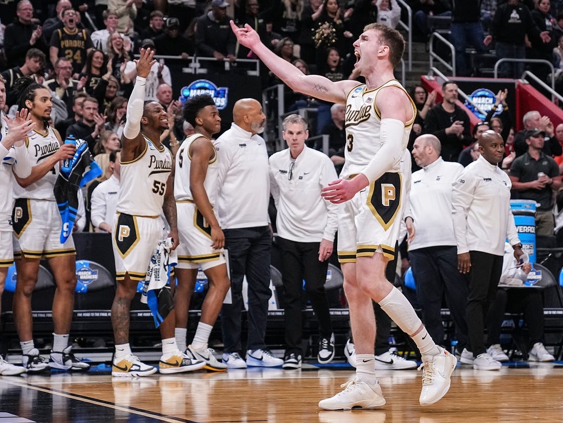 Purdue Boilermakers guard Braden Smith (3) yells in excitement to the fans on Friday, March 29, 2024, during the midwest regional semifinals at the Little Caesars Arena in Detroit. The Purdue Boilermakers defeated the Gonzaga Bulldogs, 80-68.