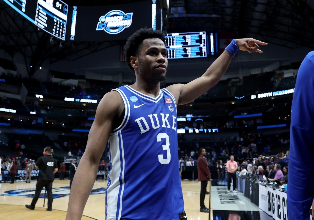 Mar 29, 2024; Dallas, TX, USA; Duke Blue Devils guard Jeremy Roach (3) celebrates after defeating the Houston Cougars in the semifinals of the South Regional of the 2024 NCAA Tournament at American Airlines Center. Mandatory Credit: Kevin Jairaj-USA TODAY Sports