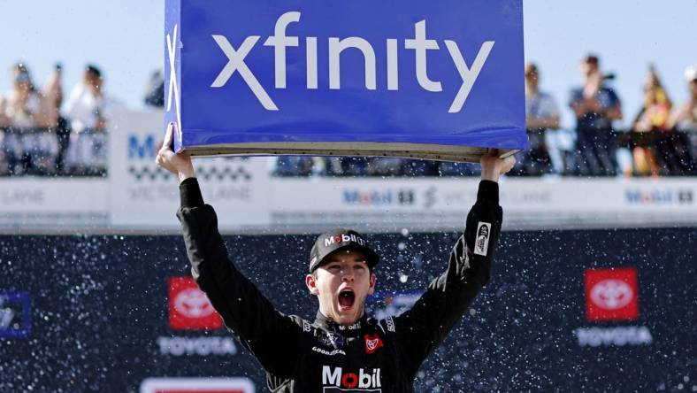 Mar 30, 2024; Richmond, Virginia, USA; Xfinity Series driver Chandler Smith (81) celebrates after winning the ToyotaCare 250 at Richmond Raceway. Mandatory Credit: Peter Casey-USA TODAY Sports