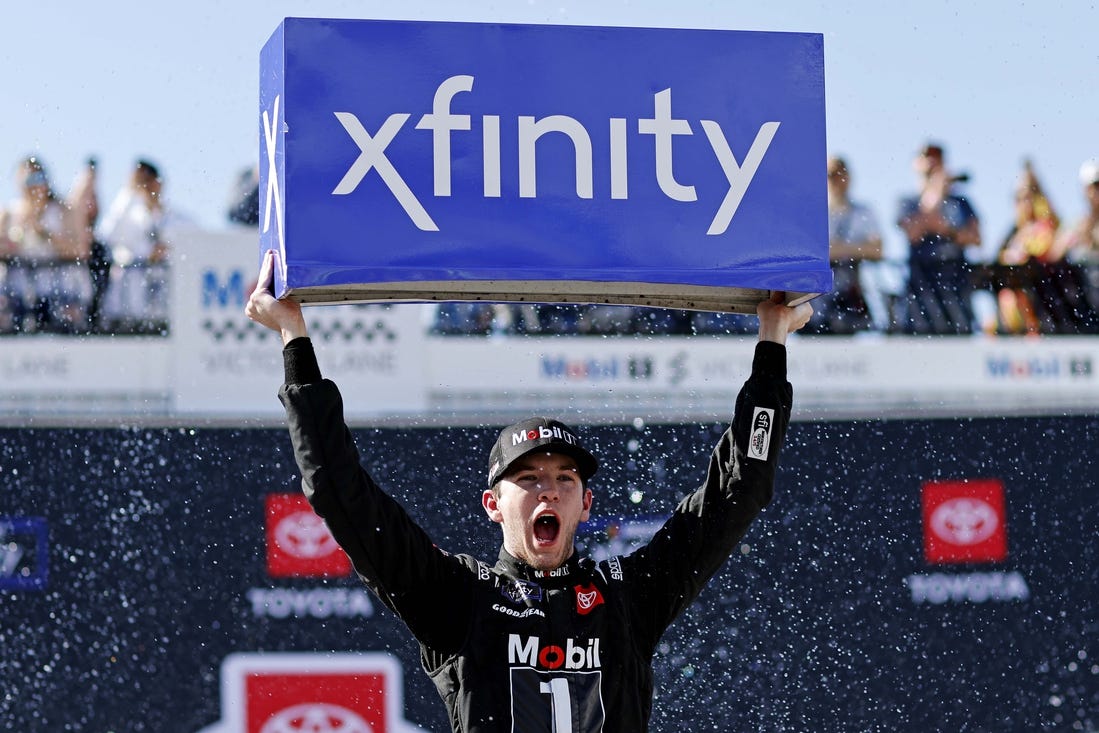 Mar 30, 2024; Richmond, Virginia, USA; Xfinity Series driver Chandler Smith (81) celebrates after winning the ToyotaCare 250 at Richmond Raceway. Mandatory Credit: Peter Casey-USA TODAY Sports