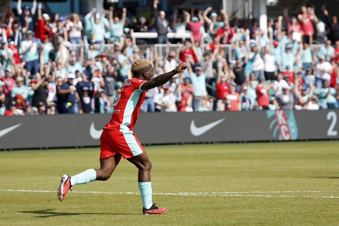 Mar 30, 2024; Kansas City, Missouri, USA; Kansas City Current forward Temwa Chawinga (6) celebrates after scoring a goal against Angel City FC during the second half at CPKC Stadium. Mandatory Credit: Kylie Graham-USA TODAY Sports