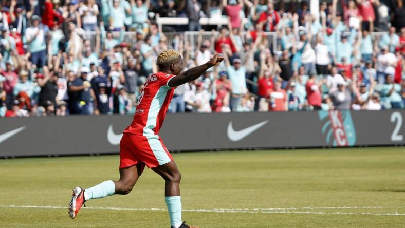 Mar 30, 2024; Kansas City, Missouri, USA; Kansas City Current forward Temwa Chawinga (6) celebrates after scoring a goal against Angel City FC during the second half at CPKC Stadium. Mandatory Credit: Kylie Graham-USA TODAY Sports