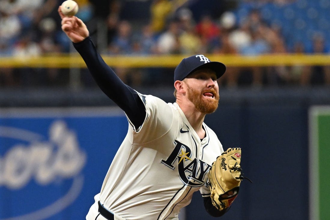 Mar 30, 2024; St. Petersburg, Florida, USA; Tampa Bay Rays starting pitcher Zack Littell (52) throws a pitch in the first inning of the game against the Toronto Blue Jays   at Tropicana Field. Mandatory Credit: Jonathan Dyer-USA TODAY Sports