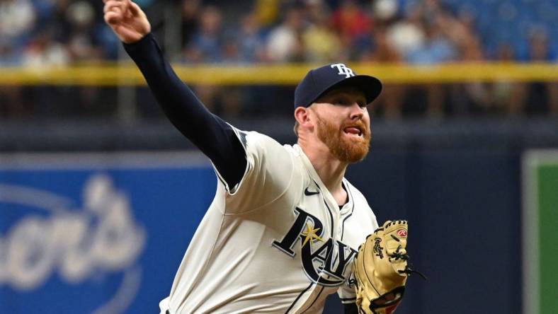 Mar 30, 2024; St. Petersburg, Florida, USA; Tampa Bay Rays starting pitcher Zack Littell (52) throws a pitch in the first inning of the game against the Toronto Blue Jays   at Tropicana Field. Mandatory Credit: Jonathan Dyer-USA TODAY Sports