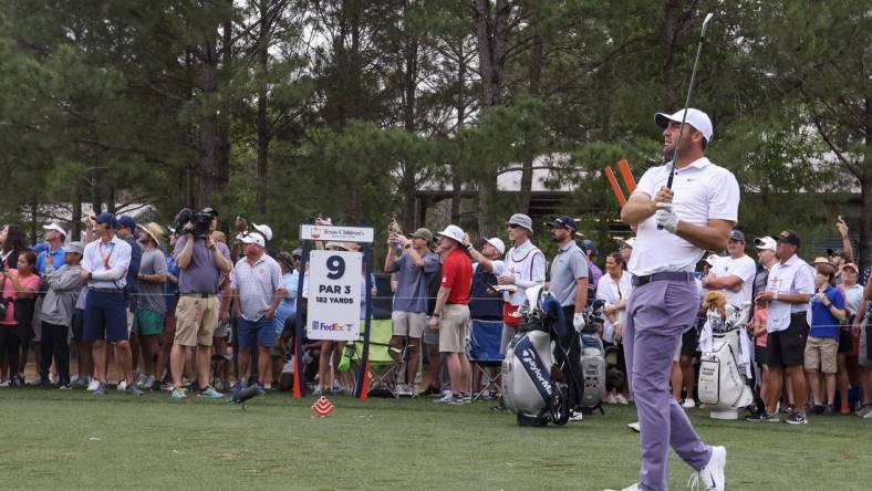 Mar 30, 2024; Houston, Texas, USA; Scottie Scheffler (USA) drives off the ninth tee during the third round of the Texas Children's Houston Open golf tournament. Mandatory Credit: Thomas Shea-USA TODAY Sports