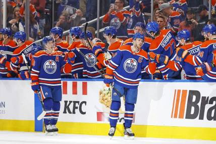 Mar 30, 2024; Edmonton, Alberta, CAN; The Edmonton Oilers celebrate a goal scored by forward Connor McDavid (97) during the second period against the Anaheim Ducks at Rogers Place. Mandatory Credit: Perry Nelson-USA TODAY Sports
