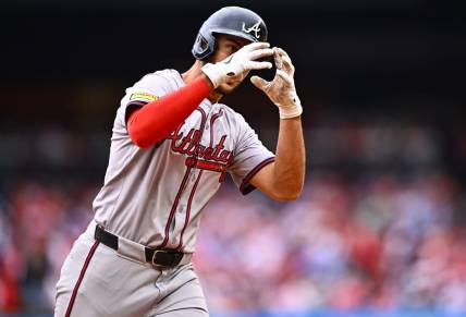Mar 30, 2024; Philadelphia, Pennsylvania, USA; Atlanta Braves first baseman Matt Olson (28) gestures as he rounds the bases after hitting a home run against the Philadelphia Phillies in the third inning at Citizens Bank Park. Mandatory Credit: Kyle Ross-USA TODAY Sports