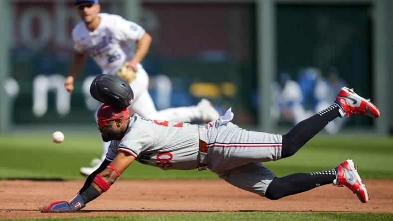 Mar 30, 2024; Kansas City, Missouri, USA; Minnesota Twins third baseman Willi Castro (50) is caught stealing second base against the Kansas City Royals during the third inning at Kauffman Stadium. Mandatory Credit: Jay Biggerstaff-USA TODAY Sports