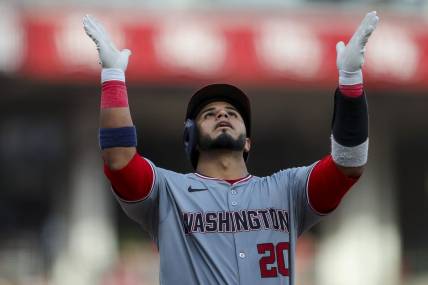 Mar 30, 2024; Cincinnati, Ohio, USA; Washington Nationals catcher Keibert Ruiz (20) reacts after hitting a solo home run in the eighth inning against the Cincinnati Reds at Great American Ball Park. Mandatory Credit: Katie Stratman-USA TODAY Sports