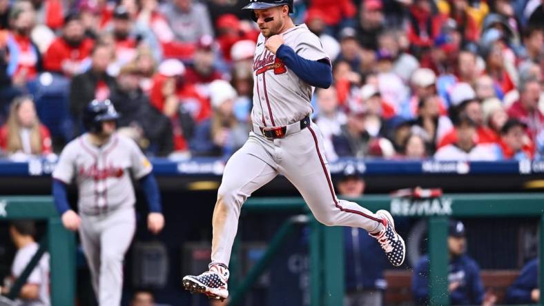 Mar 30, 2024; Philadelphia, Pennsylvania, USA; Atlanta Braves outfielder Jarred Kelenic (24) scores against the Philadelphia Phillies in the sixth inning at Citizens Bank Park. Mandatory Credit: Kyle Ross-USA TODAY Sports