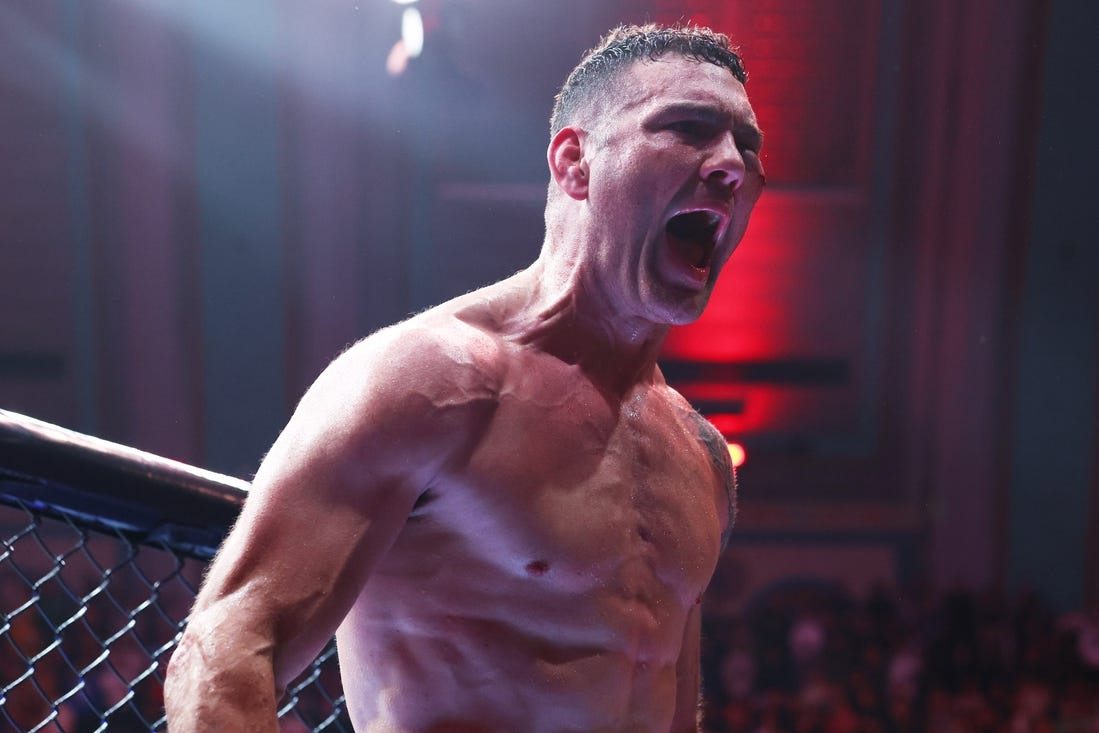 Mar 30, 2024; Atlantic City, New Jersey, USA; Chris Weidman (red gloves) celebrates after defeating Bruno Silva (not pictured) during UFC Fight Night at Boardwalk Hall. Mandatory Credit: Ed Mulholland-USA TODAY Sports