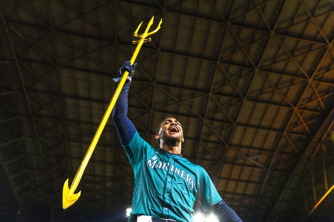 Mar 30, 2024; Seattle, Washington, USA; Seattle Mariners center fielder Julio Rodriguez (44) celebrates after hitting a walk-off RBI-single against the Boston Red Sox during the tenth inning at T-Mobile Park. Mandatory Credit: Joe Nicholson-USA TODAY Sports