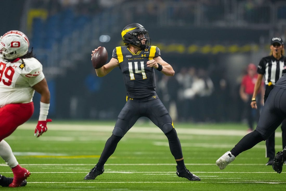 Mar 31, 2024; San Antonio, TX, USA;  San Antonio Brahmas quarterback Chase Garbers (14) throws a pass in the first half against the DC Defenders at The Alamodome. Mandatory Credit: Daniel Dunn-USA TODAY Sports
