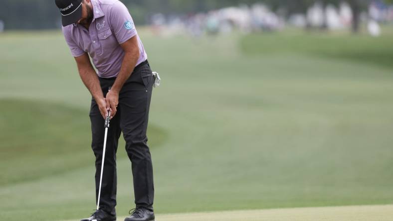 Mar 31, 2024; Houston, Texas, USA; Stephan Jaeger (GER)  putts on the eighth green during the final round of the Texas Children's Houston Open golf tournament. Mandatory Credit: Thomas Shea-USA TODAY Sports