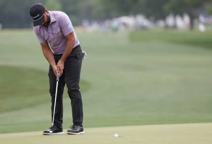 Mar 31, 2024; Houston, Texas, USA; Stephan Jaeger (GER)  putts on the eighth green during the final round of the Texas Children's Houston Open golf tournament. Mandatory Credit: Thomas Shea-USA TODAY Sports