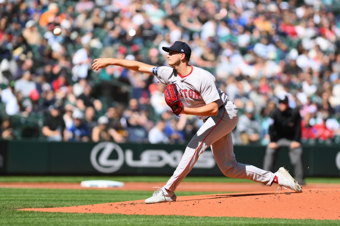 Mar 31, 2024; Seattle, Washington, USA; Boston Red Sox starting pitcher Garrett Whitlock (22) pitches to the Seattle Mariners during the first inning at T-Mobile Park. Mandatory Credit: Steven Bisig-USA TODAY Sports