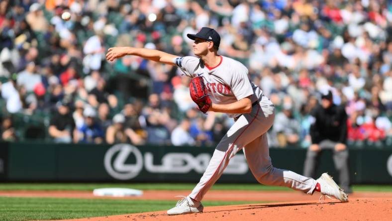 Mar 31, 2024; Seattle, Washington, USA; Boston Red Sox starting pitcher Garrett Whitlock (22) pitches to the Seattle Mariners during the first inning at T-Mobile Park. Mandatory Credit: Steven Bisig-USA TODAY Sports