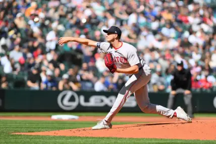 Mar 31, 2024; Seattle, Washington, USA; Boston Red Sox starting pitcher Garrett Whitlock (22) pitches to the Seattle Mariners during the first inning at T-Mobile Park. Mandatory Credit: Steven Bisig-USA TODAY Sports