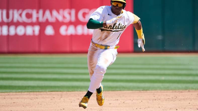 Mar 31, 2024; Oakland, California, USA; Oakland Athletics outfielder Esteury Ruiz (1) runs the bases after hitting a triple against the Cleveland Guardians during the third inning at Oakland-Alameda County Coliseum. Mandatory Credit: Robert Edwards-USA TODAY Sports