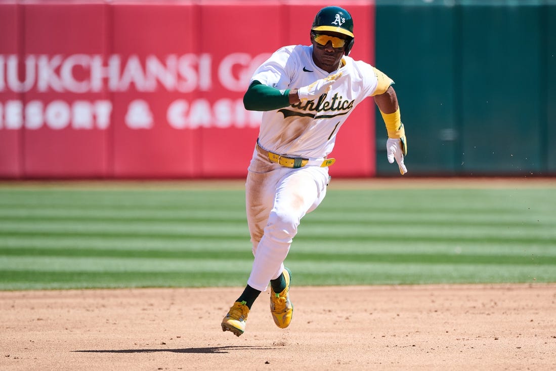 Mar 31, 2024; Oakland, California, USA; Oakland Athletics outfielder Esteury Ruiz (1) runs the bases after hitting a triple against the Cleveland Guardians during the third inning at Oakland-Alameda County Coliseum. Mandatory Credit: Robert Edwards-USA TODAY Sports