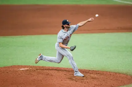 Apr 30, 2021; St. Petersburg, Florida, USA; Houston Astros relief pitcher Kent Emanuel (0) delivers a pitch during the eighth inning of a game against the Tampa Bay Rays at Tropicana Field. Mandatory Credit: Mary Holt-USA TODAY Sports
