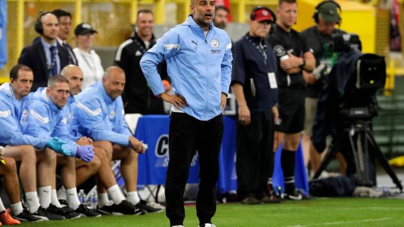 Manchester City manager Pep Guardiola watches a play during the team's exhibition match against FC Bayern Munich at Lambeau Field on July 23, 2022, in Green Bay, Wis.

Gpg Lambeausoccer 072322 Sk48