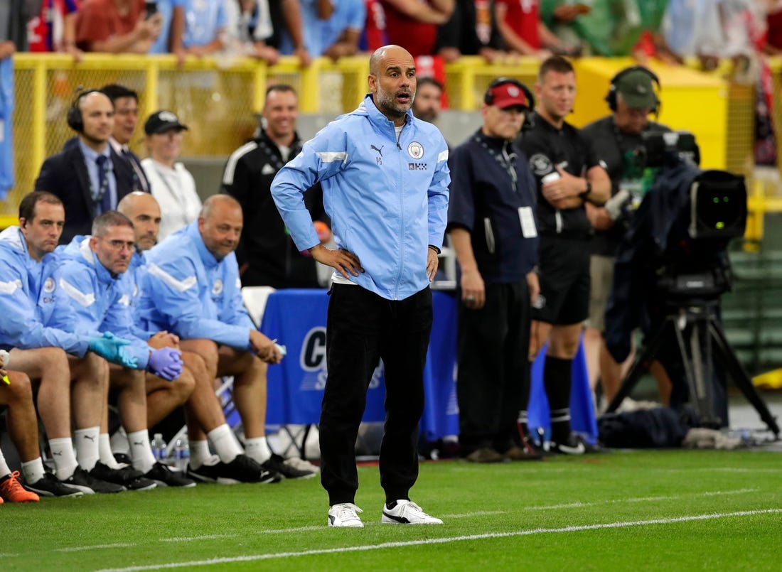 Manchester City manager Pep Guardiola watches a play during the team's exhibition match against FC Bayern Munich at Lambeau Field on July 23, 2022, in Green Bay, Wis.

Gpg Lambeausoccer 072322 Sk48