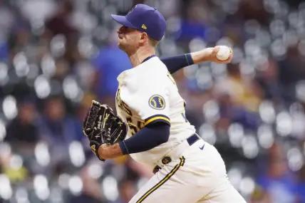 Oct 4, 2022; Milwaukee, Wisconsin, USA;  Milwaukee Brewers pitcher Jake Cousins (54) throws a pitch during the seventh inning against the Arizona Diamondbacks at American Family Field. Mandatory Credit: Jeff Hanisch-USA TODAY Sports