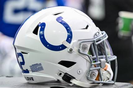 Sep 17, 2023; Houston, Texas, USA; A detailed view of an Indianapolis Colts helmet on the sideline during the game against the Houston Texans at NRG Stadium. Mandatory Credit: Maria Lysaker-USA TODAY Sports