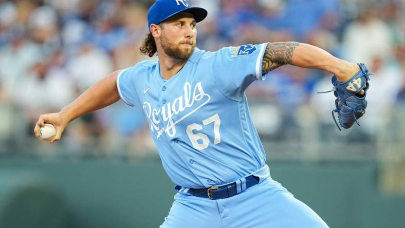 Sep 30, 2023; Kansas City, Missouri, USA; Kansas City Royals starting pitcher Alec Marsh (67) pitches during the second inning against the New York Yankees at Kauffman Stadium. Mandatory Credit: Jay Biggerstaff-USA TODAY Sports