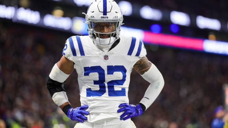 Nov 12, 2023; Frankfurt, Germany;  Indianapolis Colts safety Julian Blackmon (32) reacts after a play against the New England Patriots in the fourth quarter during an International Series game at Deutsche Bank Park. Mandatory Credit: Nathan Ray Seebeck-USA TODAY Sports