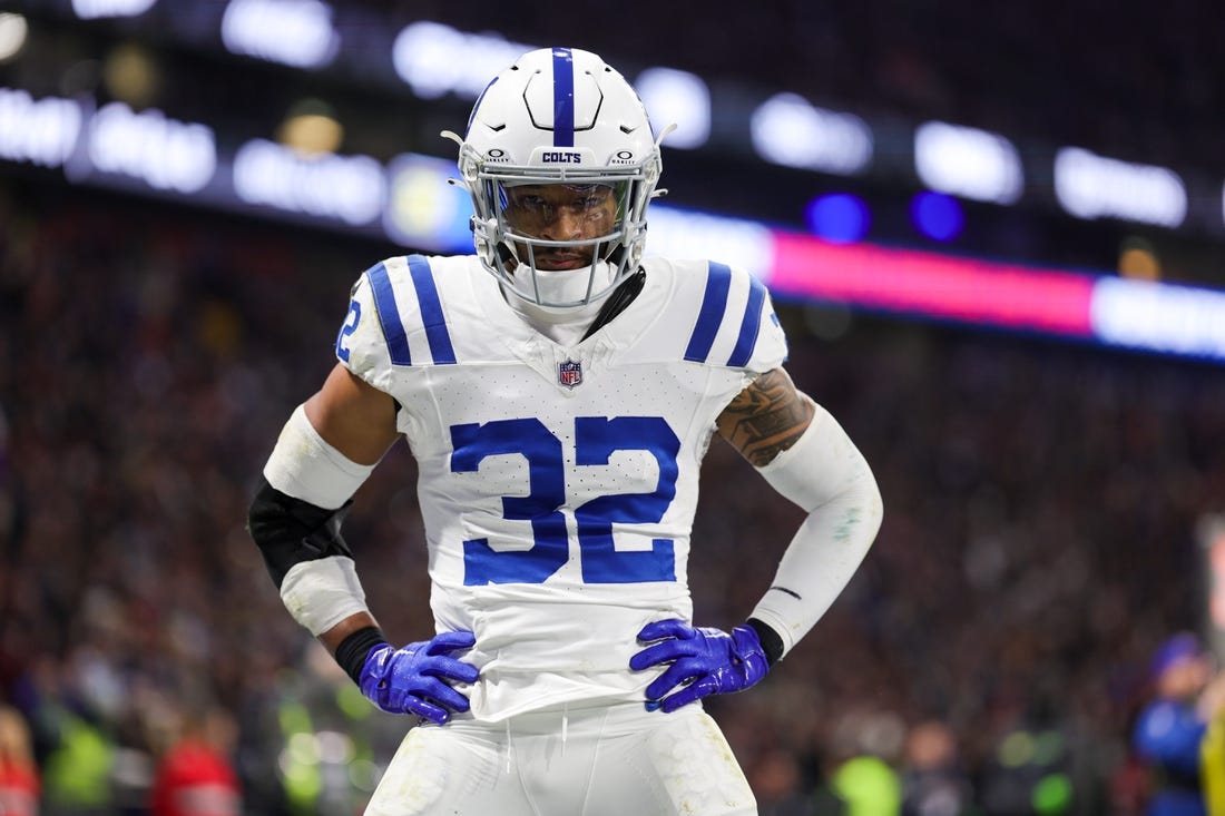 Nov 12, 2023; Frankfurt, Germany;  Indianapolis Colts safety Julian Blackmon (32) reacts after a play against the New England Patriots in the fourth quarter during an International Series game at Deutsche Bank Park. Mandatory Credit: Nathan Ray Seebeck-USA TODAY Sports
