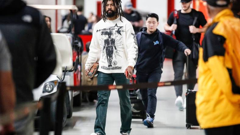 Jan 28, 2024; Santa Clara, California, USA; Detroit Lions cornerback Cameron Sutton arrives for the NFC championship game against the San Francisco 49ers at Levi's Stadium. Mandatory Credit: Junfu Han-USA TODAY Sports