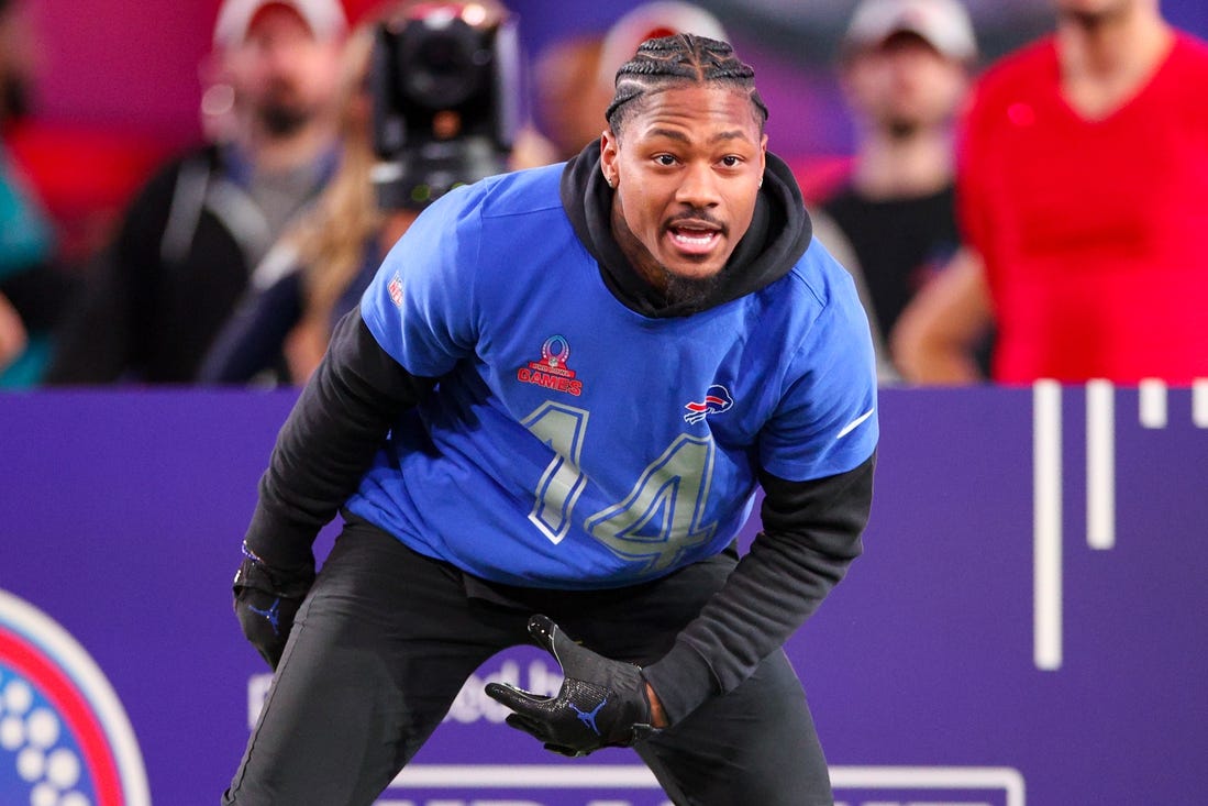 Feb 1, 2024; Orlando, FL, USA;  Buffalo Bills wide receiver Stefon Diggs (14) participates in the NFL Pro Bowl Skills Competition at the UCF NIcholson Fieldhouse. Mandatory Credit: Nathan Ray Seebeck-USA TODAY Sports
