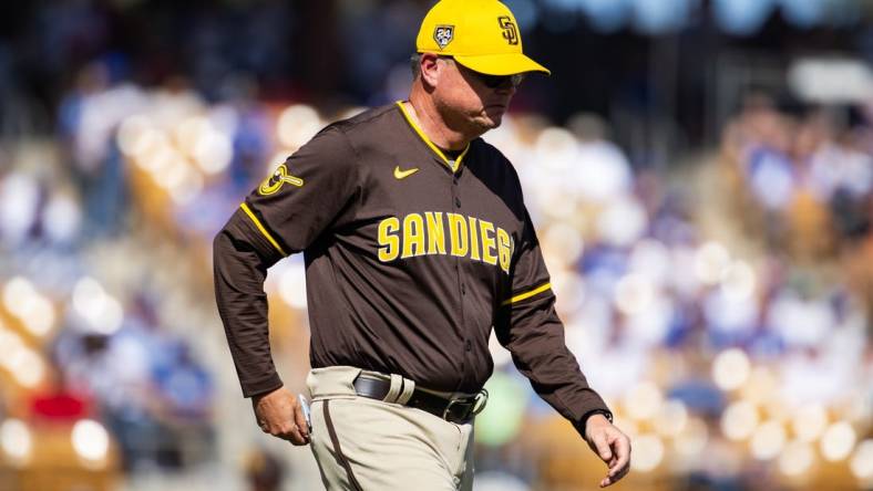 Feb 23, 2024; Phoenix, Arizona, USA; San Diego Padres manager Mike Shildt against the Los Angeles Dodgers during a spring training game at Camelback Ranch-Glendale. Mandatory Credit: Mark J. Rebilas-USA TODAY Sports