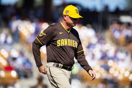 Feb 23, 2024; Phoenix, Arizona, USA; San Diego Padres manager Mike Shildt against the Los Angeles Dodgers during a spring training game at Camelback Ranch-Glendale. Mandatory Credit: Mark J. Rebilas-USA TODAY Sports