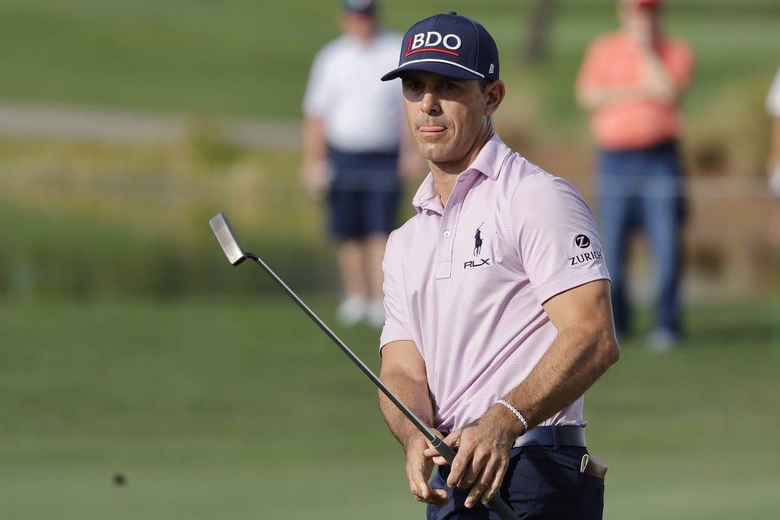 Feb 29, 2024; Palm Beach Gardens, Florida, USA; Billy Horschel watches his putt roll on the 16th green during the first round of the Cognizant Classic in The Palm Beaches golf tournament. Mandatory Credit: Reinhold Matay-USA TODAY Sports