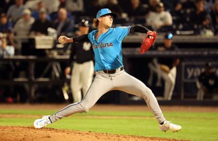 Feb 29, 2024; Tampa, Florida, USA; Miami Marlins pitcher Max Meyer (23) throws a pitch during the fifth inning against the New York Yankees at George M. Steinbrenner Field. Mandatory Credit: Kim Klement Neitzel-USA TODAY Sports