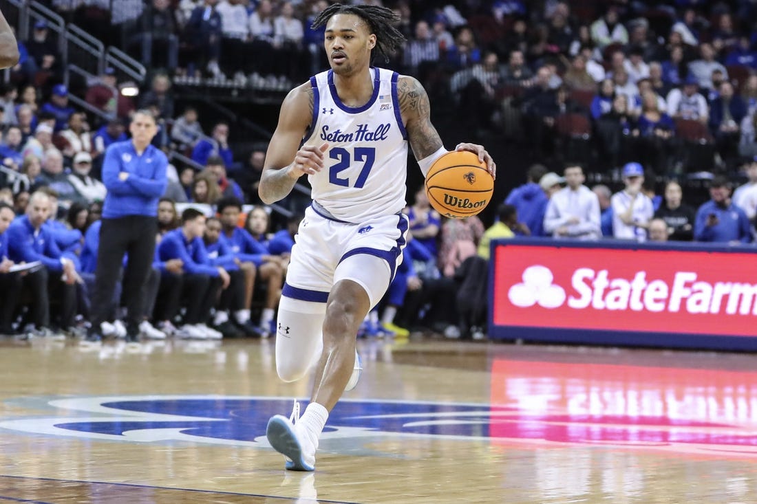 Mar 9, 2024; Newark, New Jersey, USA;  Seton Hall Pirates guard Dre Davis (27) brings the ball up court in the second half against the DePaul Blue Demons at Prudential Center. Mandatory Credit: Wendell Cruz-USA TODAY Sports