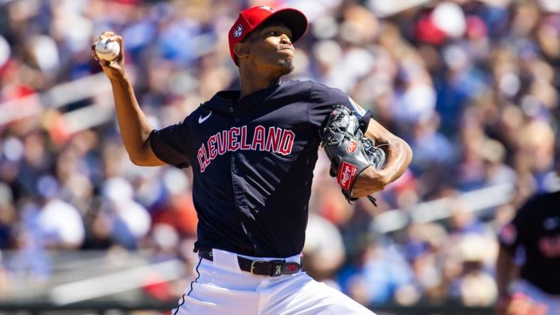 Mar 11, 2024; Goodyear, Arizona, USA; Cleveland Guardians pitcher Triston McKenzie against the Los Angeles Dodgers during a spring training game at Goodyear Ballpark. Mandatory Credit: Mark J. Rebilas-USA TODAY Sports