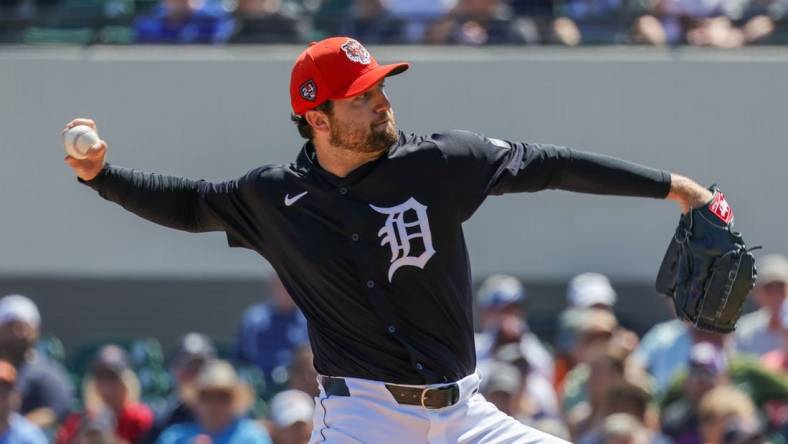 Mar 14, 2024; Lakeland, Florida, USA; Detroit Tigers starting pitcher Casey Mize (12) pitches during the first inning against the New York Yankees at Publix Field at Joker Marchant Stadium. Mandatory Credit: Mike Watters-USA TODAY Sports