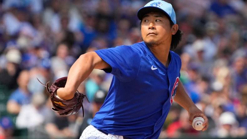 Mar 14, 2024; Mesa, Arizona, USA; Chicago Cubs starting pitcher Shota Imanaga (18) throws against the Oakland Athletics in the second inning at Sloan Park. Mandatory Credit: Rick Scuteri-USA TODAY Sports