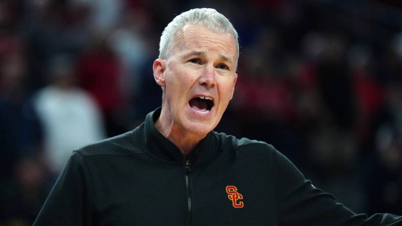 Mar 14, 2024; Las Vegas, NV, USA; Southern California Trojans head coach Andy Enfield reacts against the Arizona Wildcats in the first half at T-Mobile Arena. Mandatory Credit: Kirby Lee-USA TODAY Sports