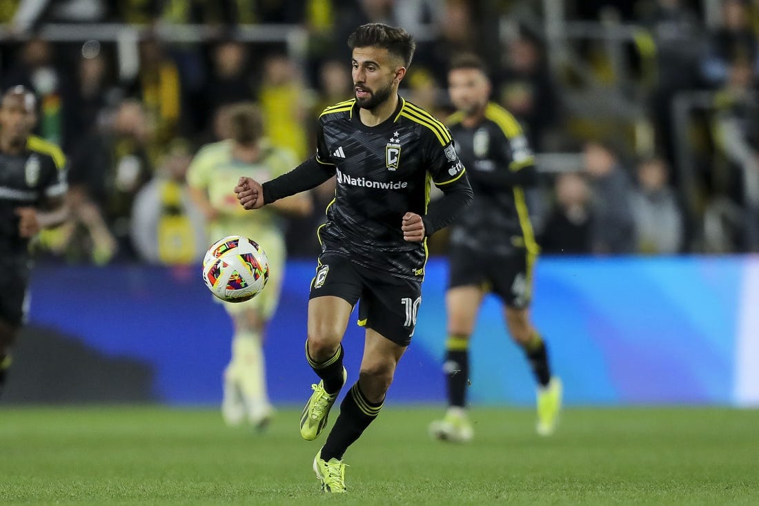 Mar 16, 2024; Columbus, Ohio, USA; Columbus Crew forward Diego Rossi (10) dribbles against the New York Red Bulls in the second half at Lower.com Field. Mandatory Credit: Katie Stratman-USA TODAY Sports