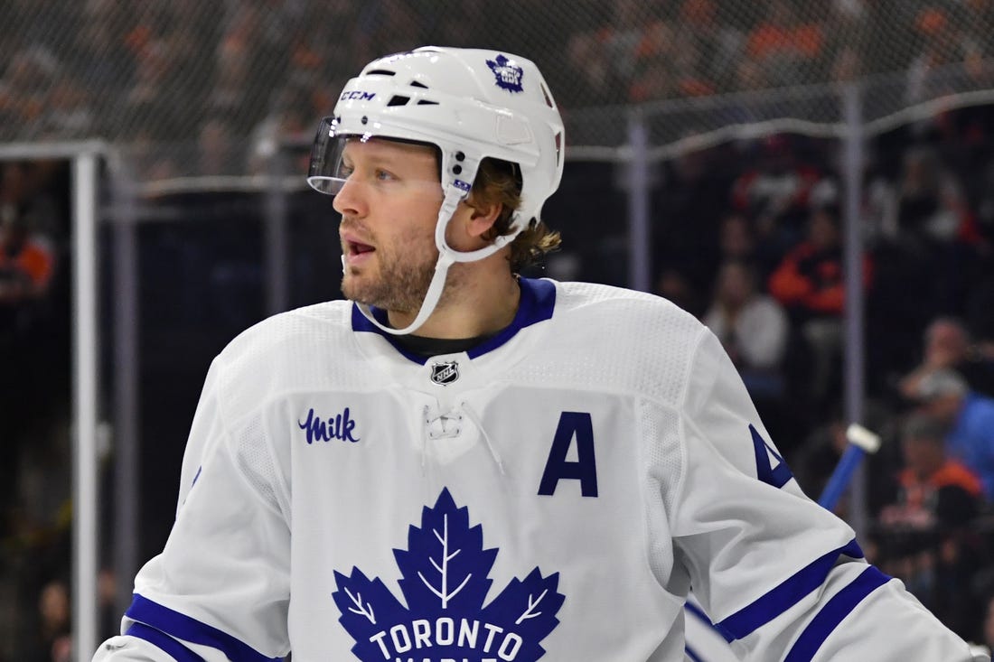 Mar 19, 2024; Philadelphia, Pennsylvania, USA; 
Toronto Maple Leafs defenseman Morgan Rielly (44) against the Philadelphia Flyers at Wells Fargo Center. Mandatory Credit: Eric Hartline-USA TODAY Sports