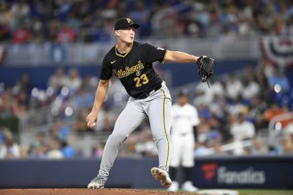 Mar 28, 2024; Miami, Florida, USA;  Pittsburgh Pirates starting pitcher Mitch Keller throws a pitch during the first inning against the Miami Marlins, at loanDepot Park. Mandatory Credit: Michael Laughlin-USA TODAY Sports
