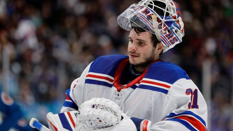 Mar 28, 2024; Denver, Colorado, USA; New York Rangers goaltender Igor Shesterkin (31) in overtime against the Colorado Avalanche at Ball Arena. Mandatory Credit: Isaiah J. Downing-USA TODAY Sports