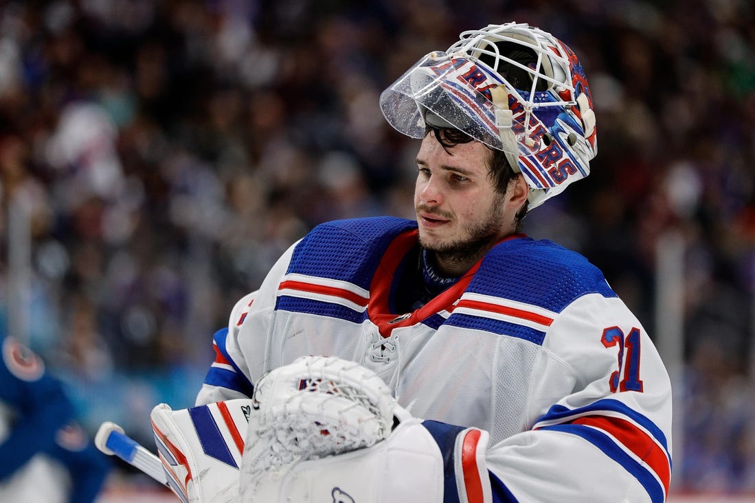 Mar 28, 2024; Denver, Colorado, USA; New York Rangers goaltender Igor Shesterkin (31) in overtime against the Colorado Avalanche at Ball Arena. Mandatory Credit: Isaiah J. Downing-USA TODAY Sports