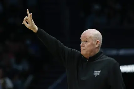 Mar 29, 2024; Charlotte, North Carolina, USA; Charlotte Hornets head coach Steve Clifford calls a play against the Golden State Warriors during the first quarter at Spectrum Center. Mandatory Credit: Nell Redmond-USA TODAY Sports
